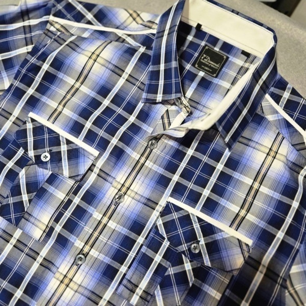 7 Diamonds Mens Blue Plaid Short Sleeve Button Down Shirt Contrast Piping Large